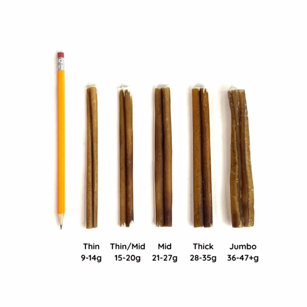 6" Bully Sticks, Very Low Odor, Thickness Comparison