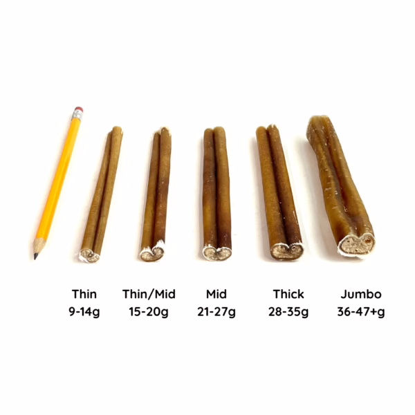 6" Bully Sticks, Very Low Odor, Thickness Comparison