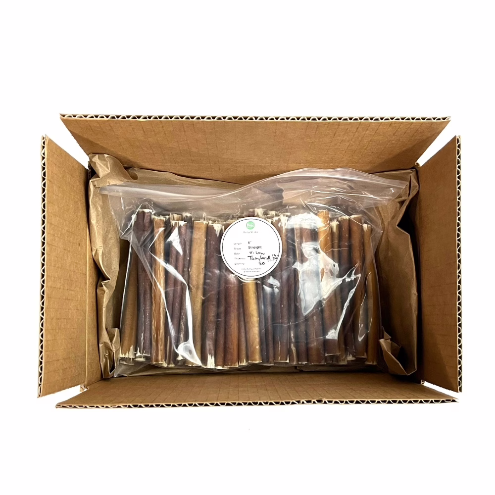6" Bully Sticks | Thin/Mid (15-20g) | Very Low Odor 5 6" straight bully sticks, thin/mid, very low odor odor, in a zip bag in a box