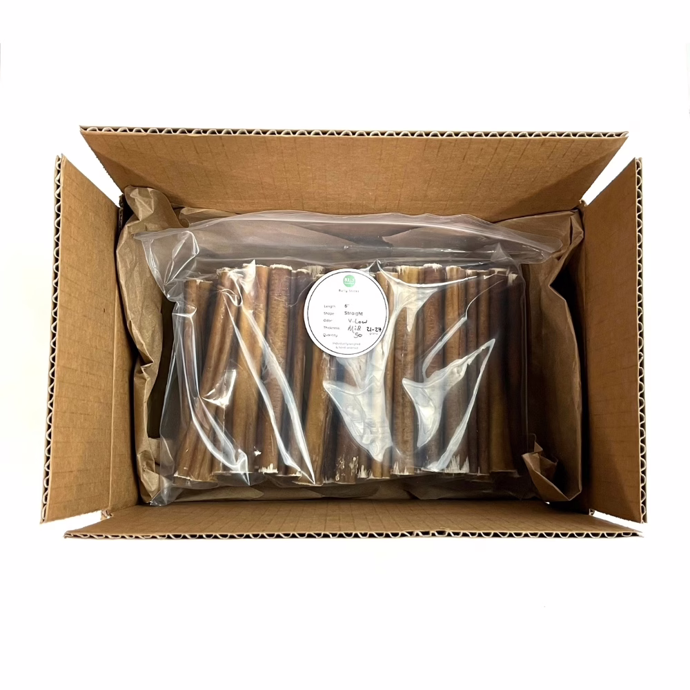 6" Bully Sticks | Mid (21-27g) | Very Low Odor 5 6" straight bully sticks, mid, very low odor odor, in a zip bag in a box