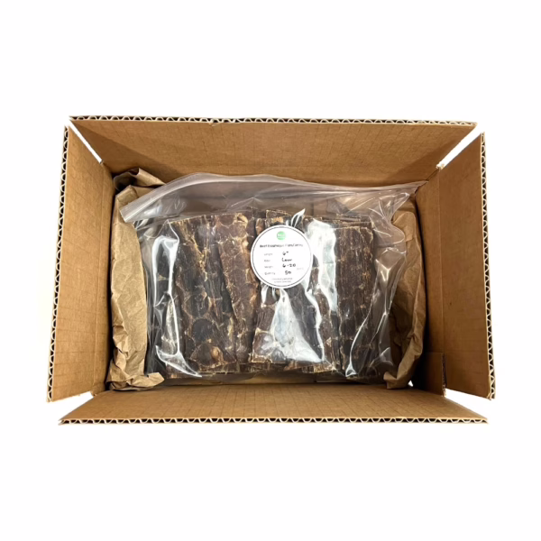 6" beef esophagus jerky/flats, low odor, in a zip bag in a box