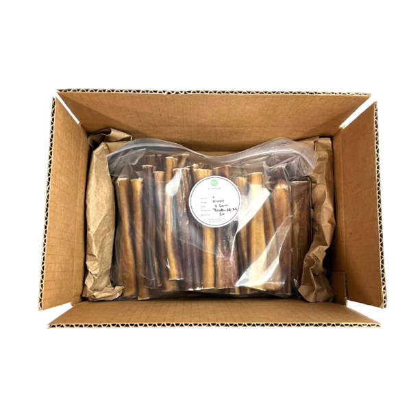 6" straight bully sticks, thick, very low odor, in a zip bag in a box