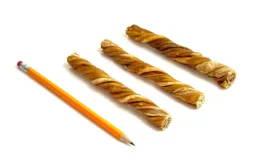 6" Tripe Twists, Very Low Odor, next to a pencil for comparison