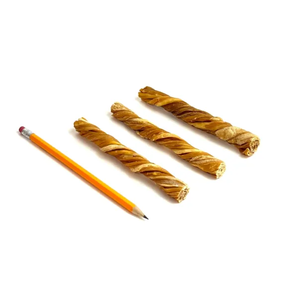 6" Tripe Twists, Very Low Odor, next to a pencil for comparison