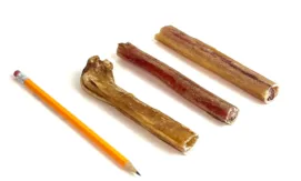 6" Low-Grade Bully Sticks, Medium Odor, next to a pencil for comparison