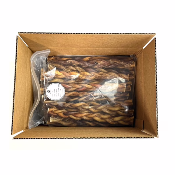 12" braided bully sticks, low-medium odor, in a zip bag in a box