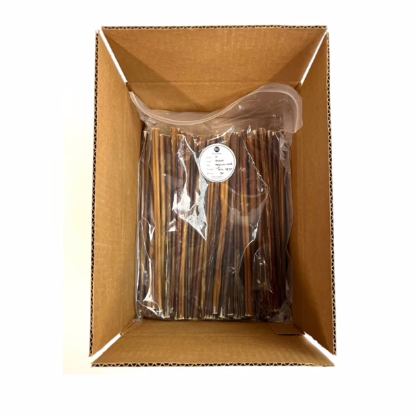 12" straight bully sticks, thin, low-medium odor, in a zip bag in a box