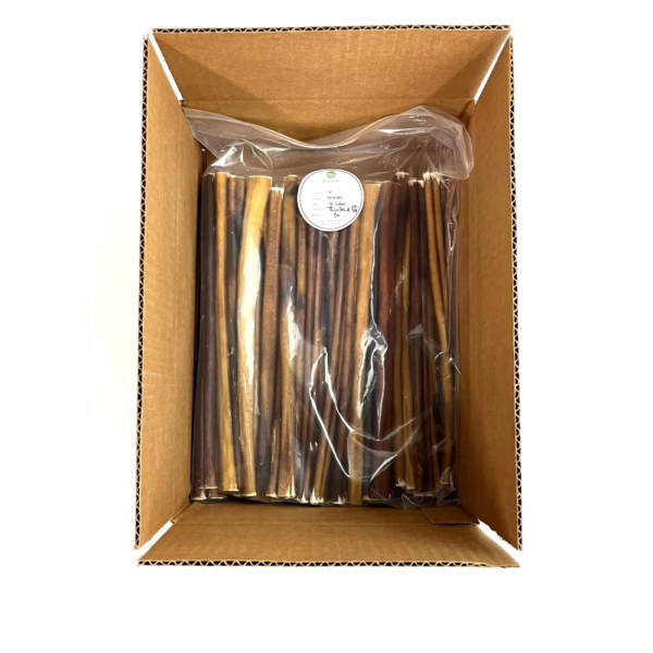 12" straight bully sticks, thin-mid, very low odor, in a zip bag in a box