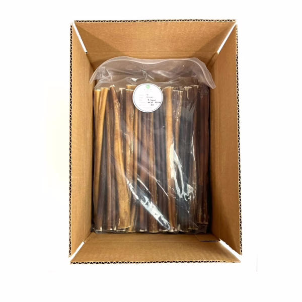 12" straight bully sticks, mid, very low odor, in a zip bag in a box
