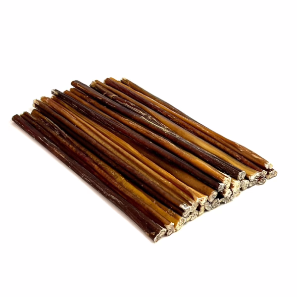 12" straight bully sticks, thin, low-medium odor, in a stack
