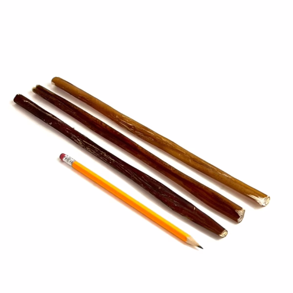 12" straight bully sticks, thin, low-medium odor, next to a pencil