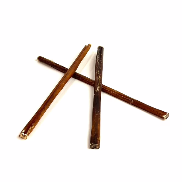 12" straight bully sticks, thin, low-medium odor, in a small stack
