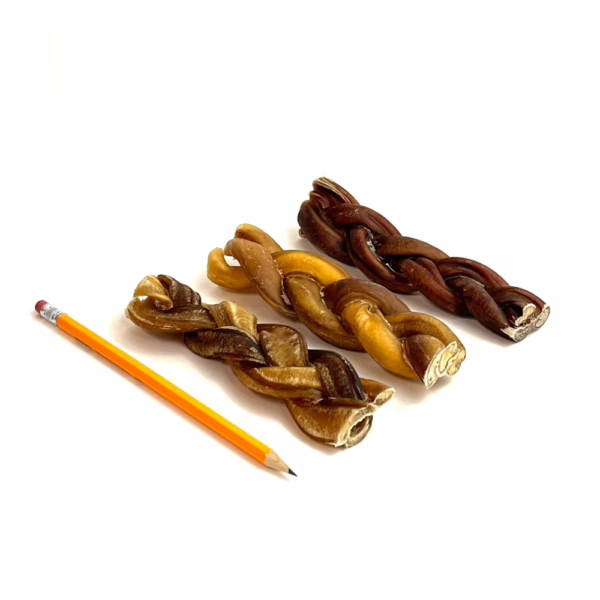 6" braided bully sticks, jumbo, low-medium odor, next to a pencil