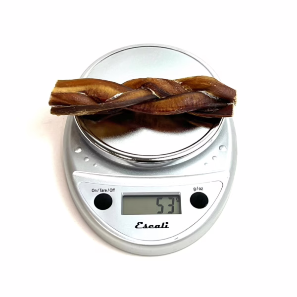 6" braided bully sticks, jumbo, low-medium odor, on a scale