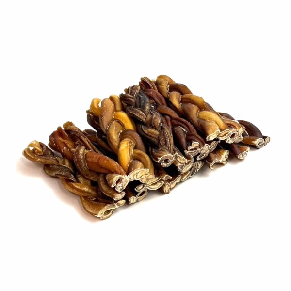 6" braided bully sticks, jumbo, low-medium odor, in a large stack