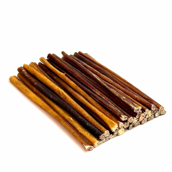 12" straight bully sticks, mid, low-medium odor, in a stack