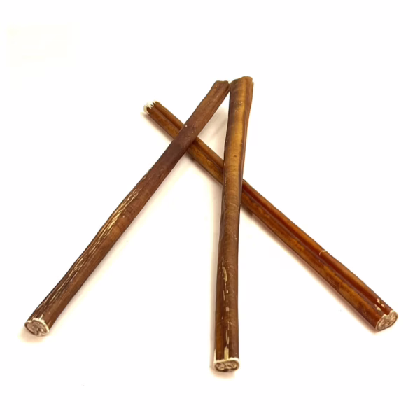 12" straight bully sticks, mid, low-medium odor, in a small stack