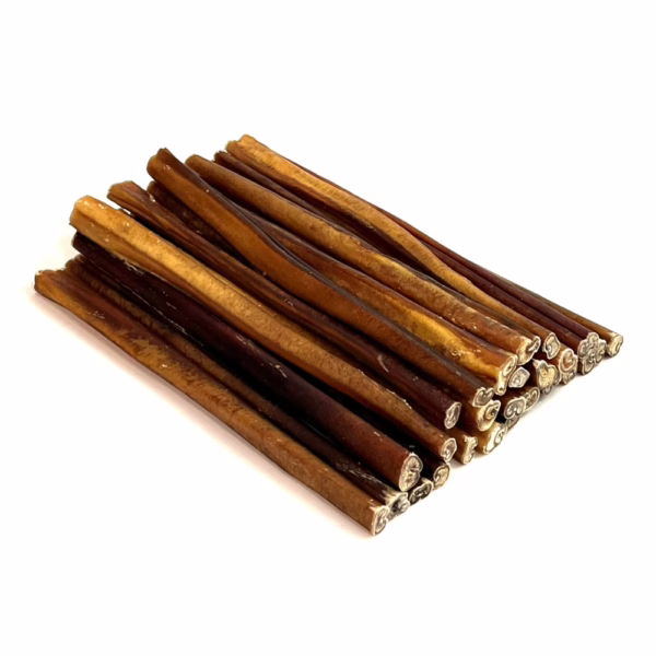 12" straight bully sticks, thick, low-medium odor, in a stack