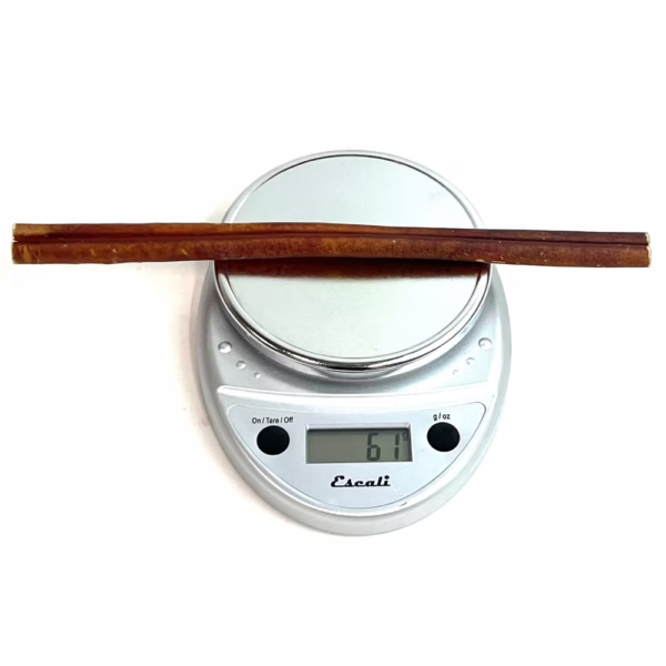 12" straight bully sticks, thick, low-medium odor, on a scale