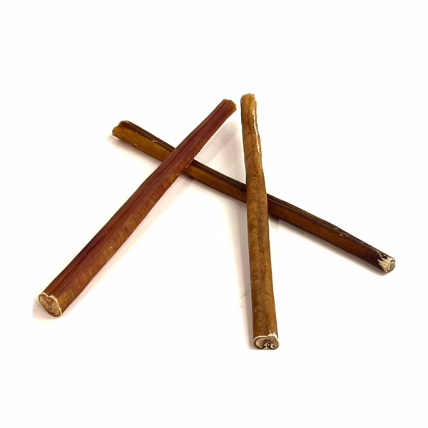 12" straight bully sticks, thick, low-medium odor, in a small stack