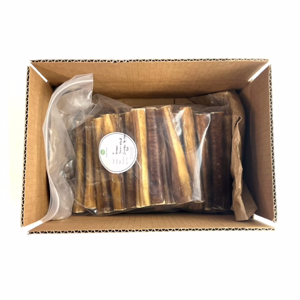 6" straight bully sticks, jumbo, low-medium odor, in a zip bag in a box