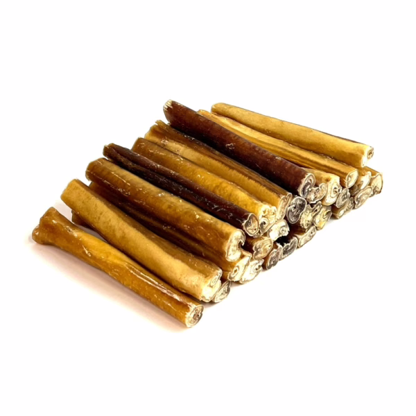 6" straight bully sticks, jumbo, low-medium odor, in a stack