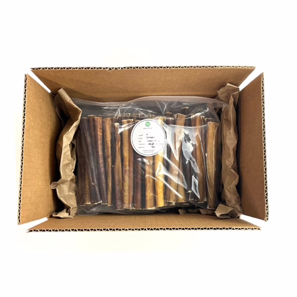 6" straight bully sticks, mid, low-medium odor, in a zip bag in a box