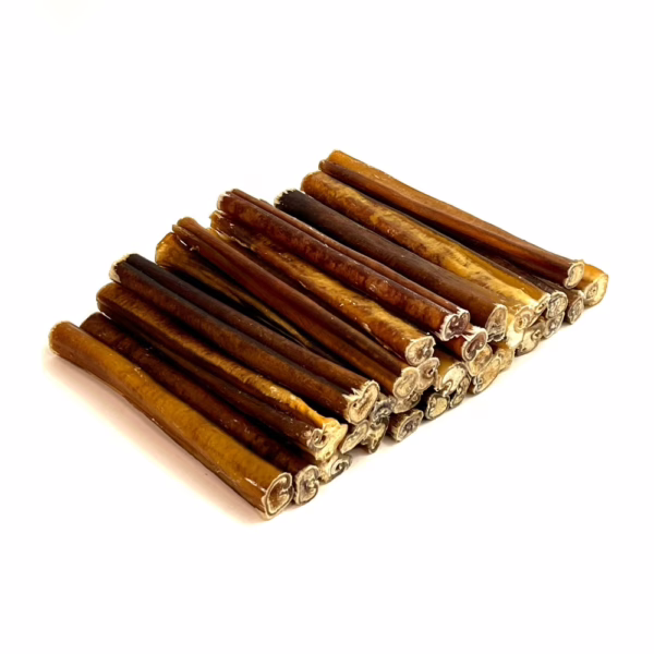 6" straight bully sticks, thick, low-medium odor, in a stack