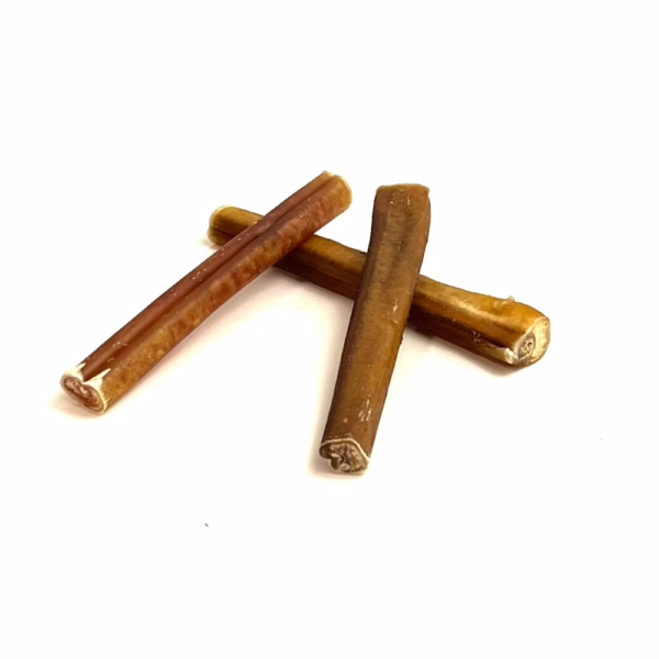 6" straight bully sticks, thick, low-medium odor, in a small stack