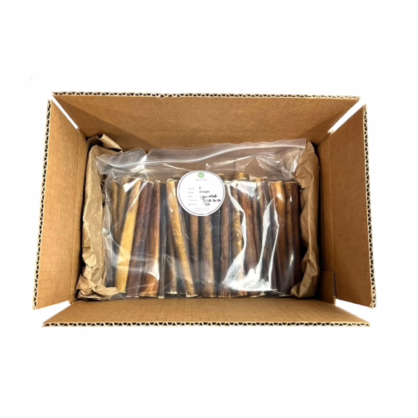 6" straight bully sticks, thick, low-medium odor, in a zip bag in a box