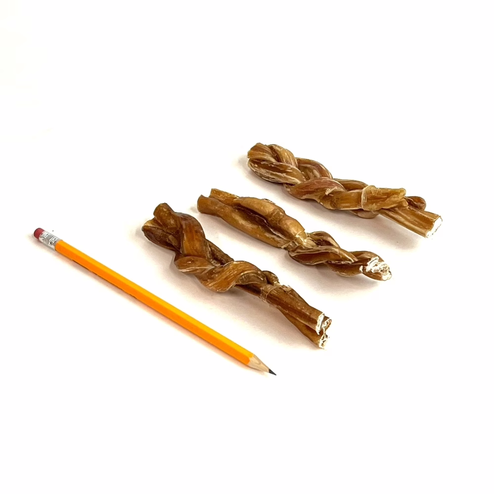 5"-6" Braided Bully Sticks next to a pencil