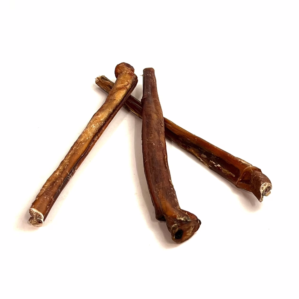 12" Bully Sticks - Overcooked/Imperfect **Tend To Chew Through More Quickly** | Thick (50-74g) | Low Odor 2 12" straight bully sticks, thick, slightly overcooked, imperfect appearance, low odor, small stack