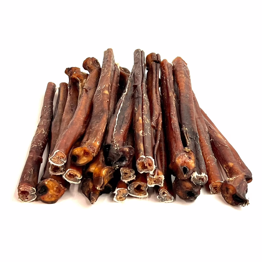 12" Bully Sticks - Overcooked/Imperfect **Tend To Chew Through More Quickly** | Jumbo (75-89g) | Low Odor 4 12" straight bully sticks, jumbo, overcooked, imperfect appearance, low odor, large stack