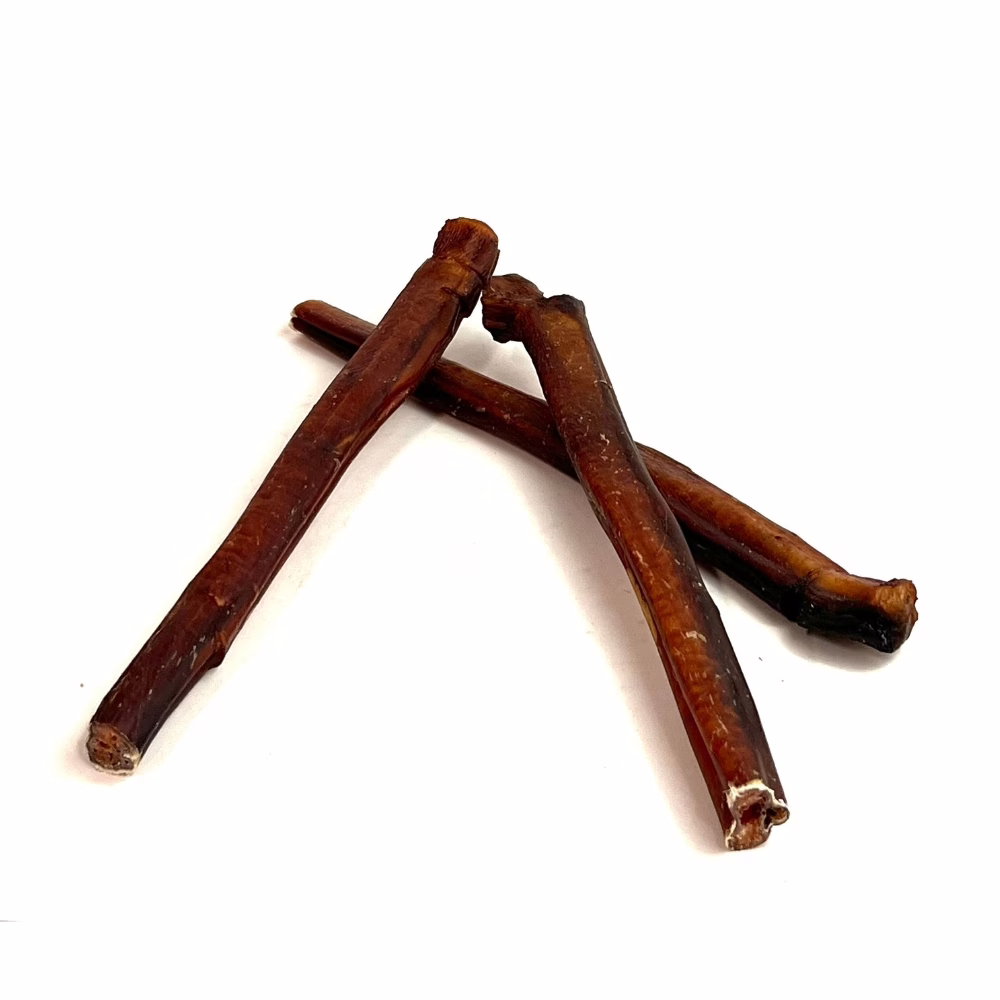 12" Bully Sticks - Overcooked/Imperfect **Tend To Chew Through More Quickly** | Jumbo (75-89g) | Low Odor 2 12" straight bully sticks, jumbo, overcooked, imperfect appearance, low odor, small stack