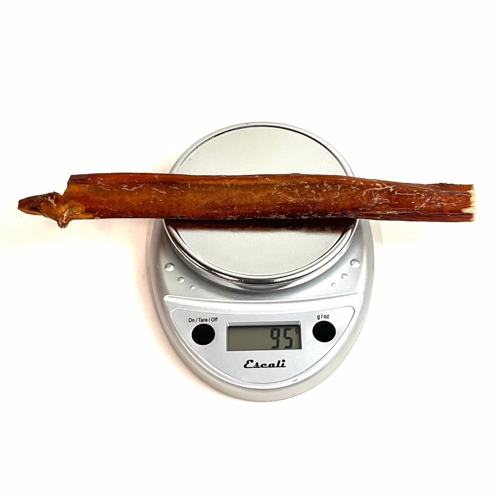 12" Bully Sticks - Overcooked/Imperfect **Tend To Chew Through More Quickly** | Extra Jumbo (90+g) | Low Odor 3 12" straight bully sticks, extra jumbo, overcooked, imperfect appearance, low odor, scale