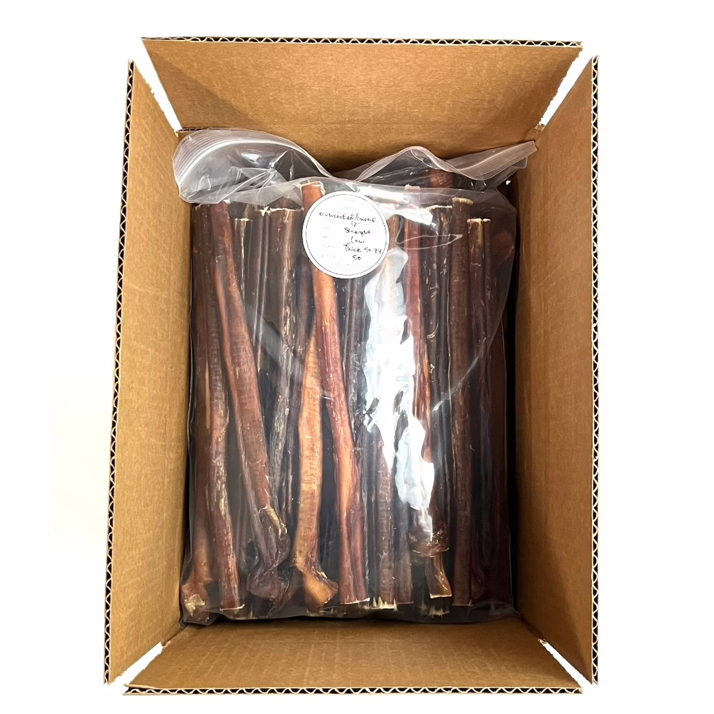 12" Bully Sticks - Overcooked/Imperfect **Tend To Chew Through More Quickly** | Thick (50-74g) | Low Odor 5 12" straight bully sticks, thick, overcooked, imperfect appearance, low odor, packaging