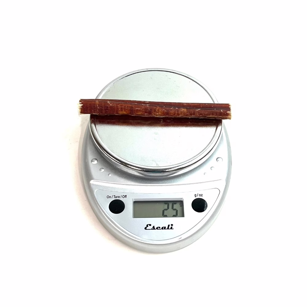 6" Bully Sticks - Slightly Overcooked **Tend To Chew Through More Quickly** & Imperfect Appearance | Mid (18-27g) | Low Odor 3 6" straight bully sticks, mid, slightly overcooked, imperfect appearance, low odor, scale