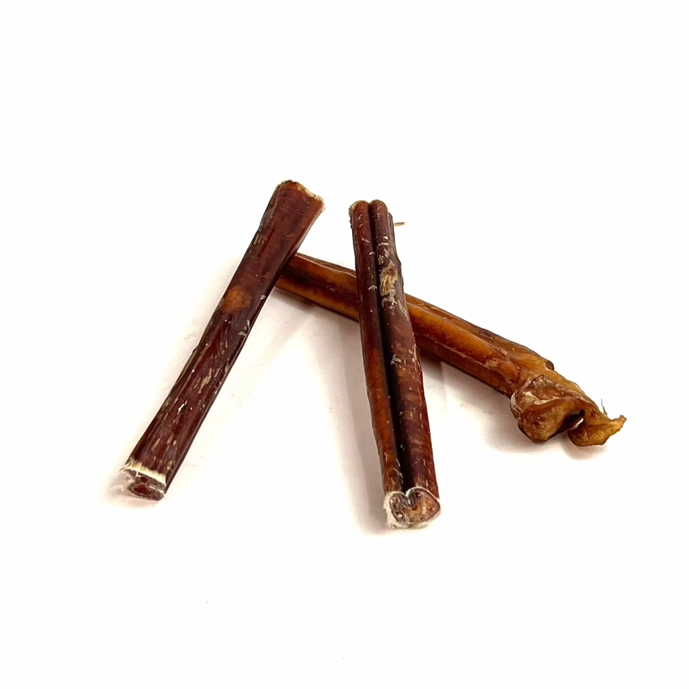 6" Bully Sticks - Overcooked/Imperfect **Tend To Chew Through More Quickly** | Thick (28-35g) | Low Odor 2 6" straight bully sticks, thick, overcooked, imperfect appearance, low odor, small stack