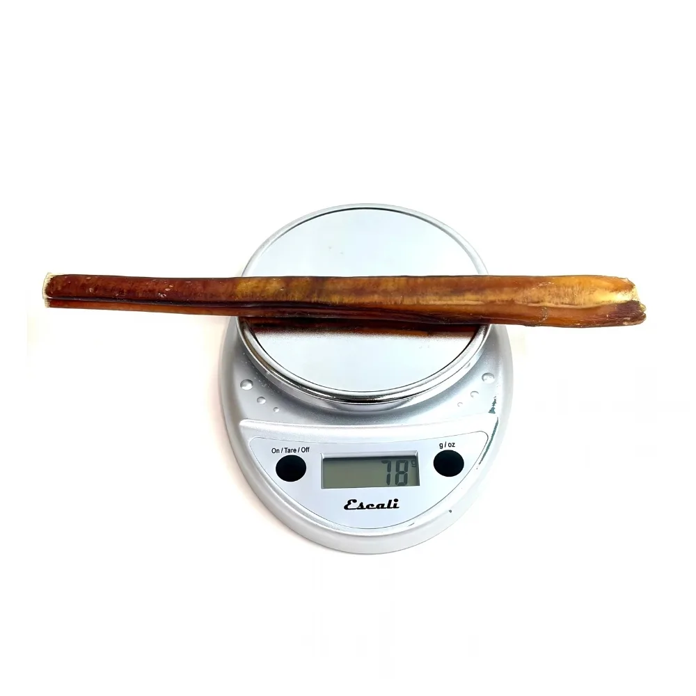12" Bully Sticks | Extra Thick / Jumbo (71-89+g) | Low-Medium Odor 3 12" straight bully sticks, extra thick / jumbo, low-medium odor, on a scale