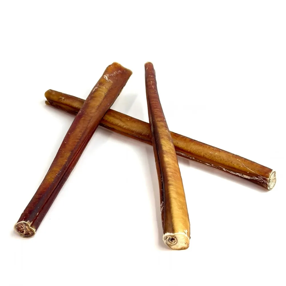 12" Bully Sticks | Extra Thick / Jumbo (71-89+g) | Low-Medium Odor 2 12" straight bully sticks, extra thick / jumbo, low-medium odor, in a small stack