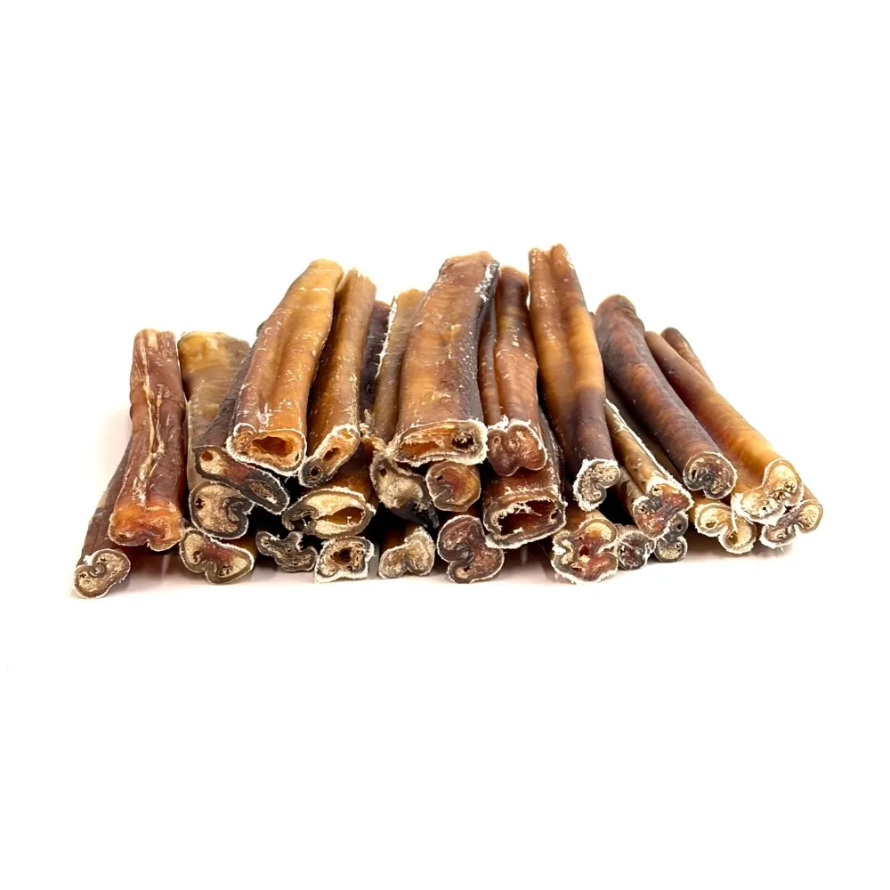 6" Bully Sticks - Slightly Overcooked **Tend To Chew Through More Quickly** | Mid-Jumbo (~20-50g) | Very Low Odor 4 6" straight bully sticks, mid-jumbo, very low odor, slightly overcooked, in a large stack