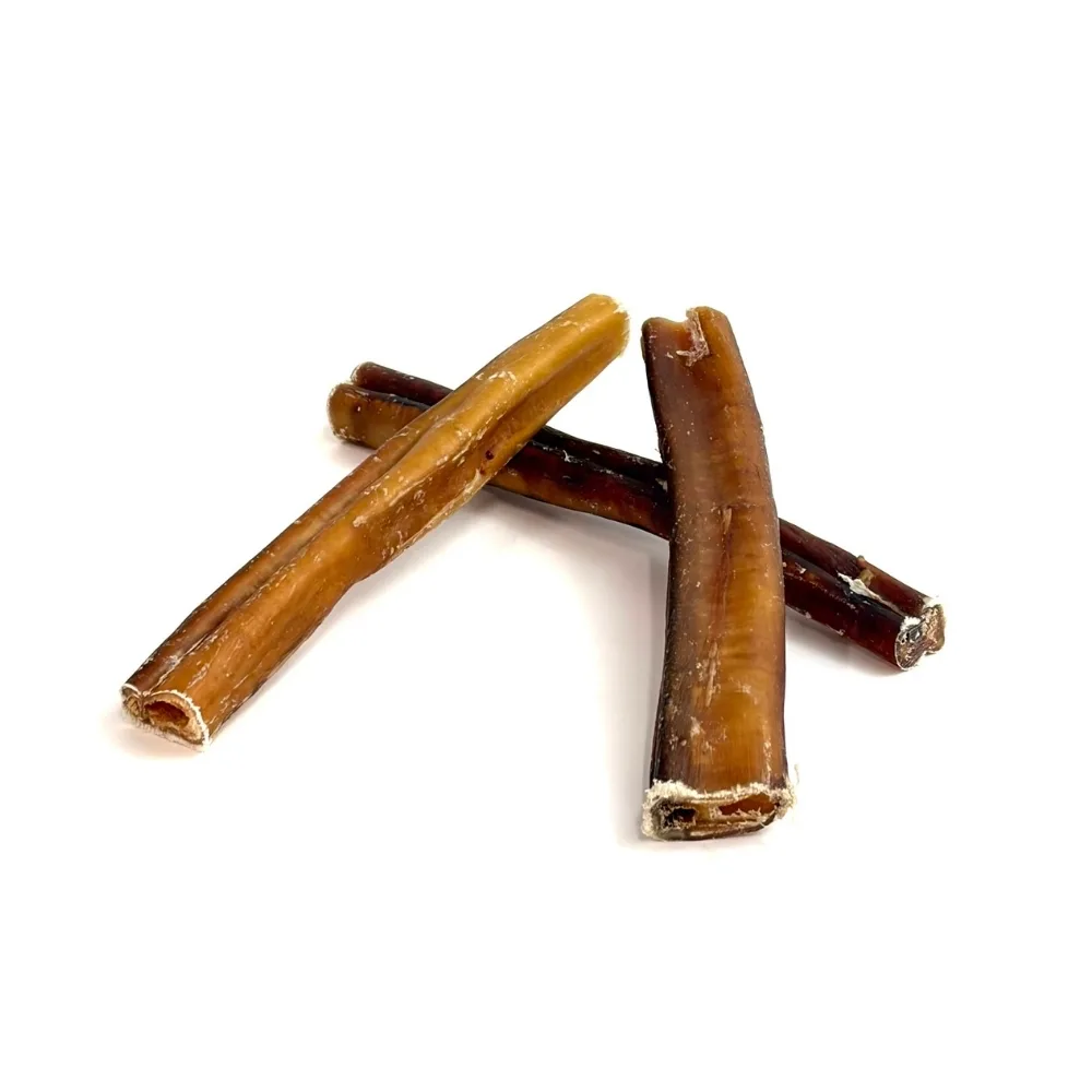 6" Bully Sticks - Slightly Overcooked **Tend To Chew Through More Quickly** | Mid-Jumbo (~20-50g) | Very Low Odor 2 6" straight bully sticks, mid-jumbo, very low odor, slightly overcooked, in a small stack