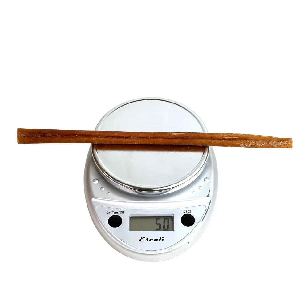 12" Bully Sticks | Mid (40-54g) | Low Odor 3 12" straight bully sticks, mid, low odor, scale