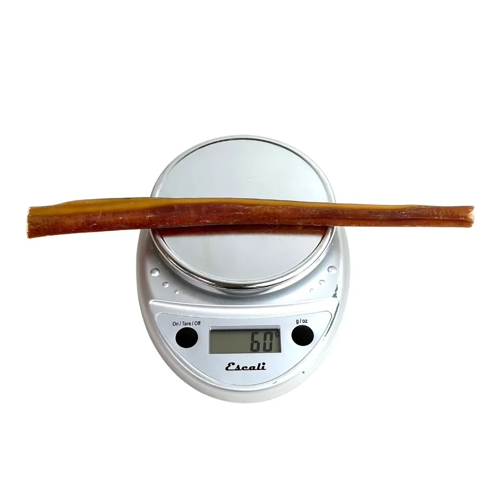 12" Bully Sticks | Thick (55-67g) | Low Odor 3 12" straight bully sticks, thick, low odor, scale