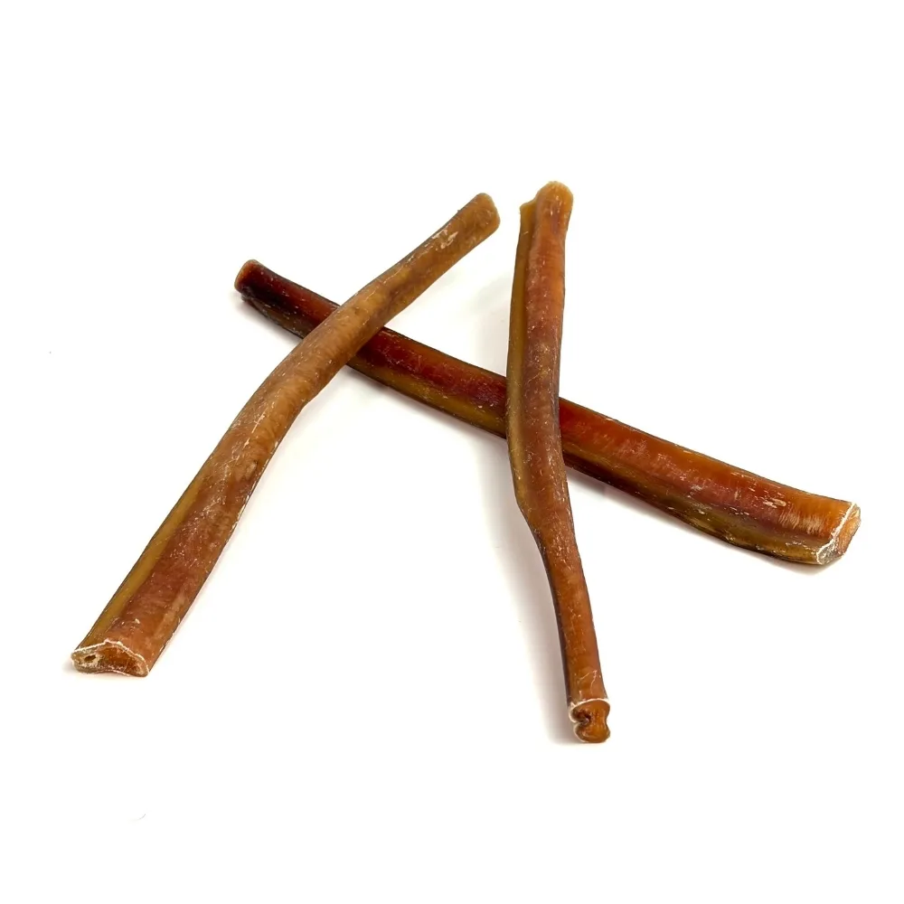 12" Bully Sticks | Thick (55-67g) | Low Odor 2 12" straight bully sticks, thick, low odor, small stack