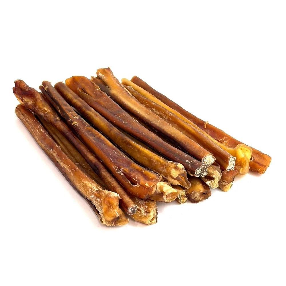 12" Bully Sticks | Extra Thick / Jumbo (65-86g) | Medium Odor - May Have Imperfect Appearance 4 12" straight bully sticks, extra thick - jumbo, may have imperfect appearance, medium odor, large stack