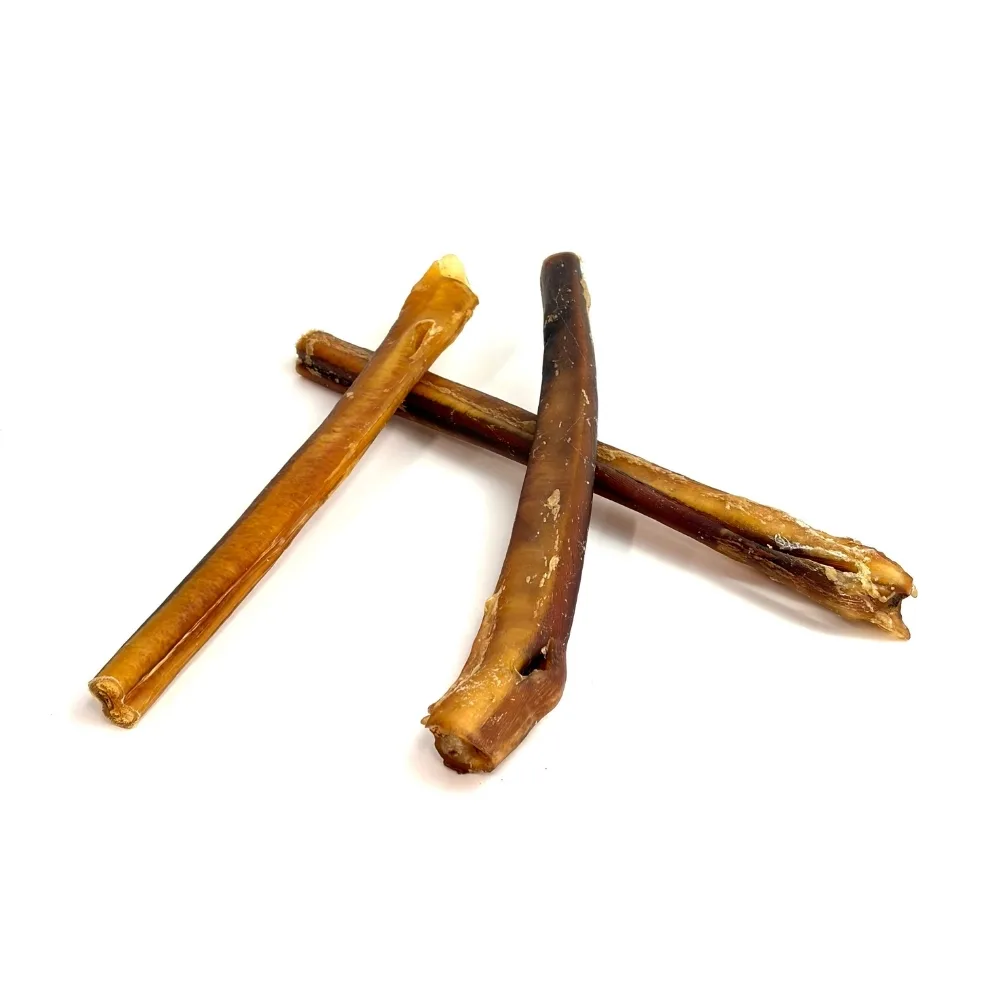 12" Bully Sticks | Extra Thick / Jumbo (65-86g) | Medium Odor - May Have Imperfect Appearance 2 12" straight bully sticks, extra thick - jumbo, may have imperfect appearance, medium odor, small stack