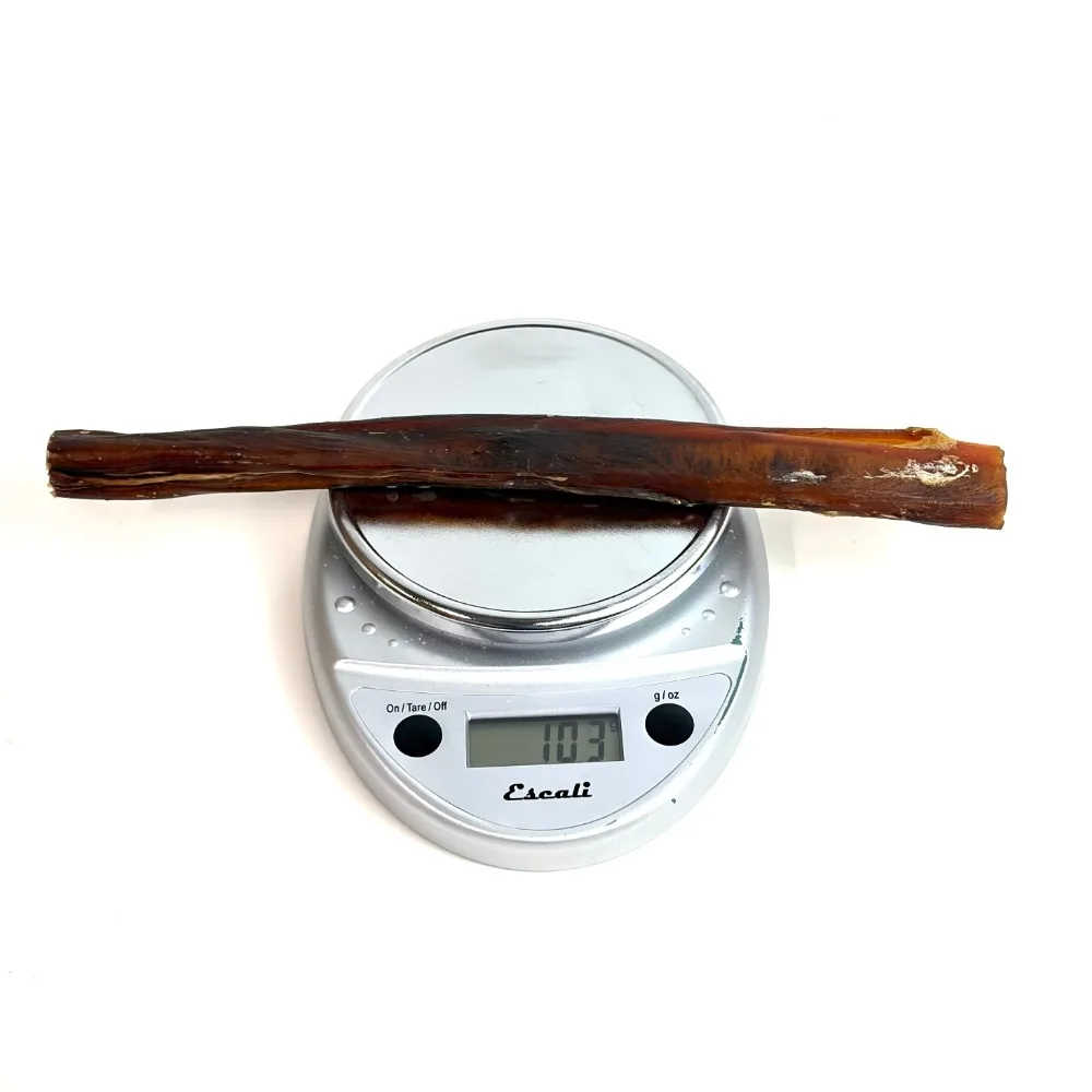 12" Bully Sticks | Extra Jumbo (87-115+g) | Medium Odor - May Have Imperfect Appearance 3 12" straight bully sticks, extra jumbo, may have imperfect appearance, medium odor, scale