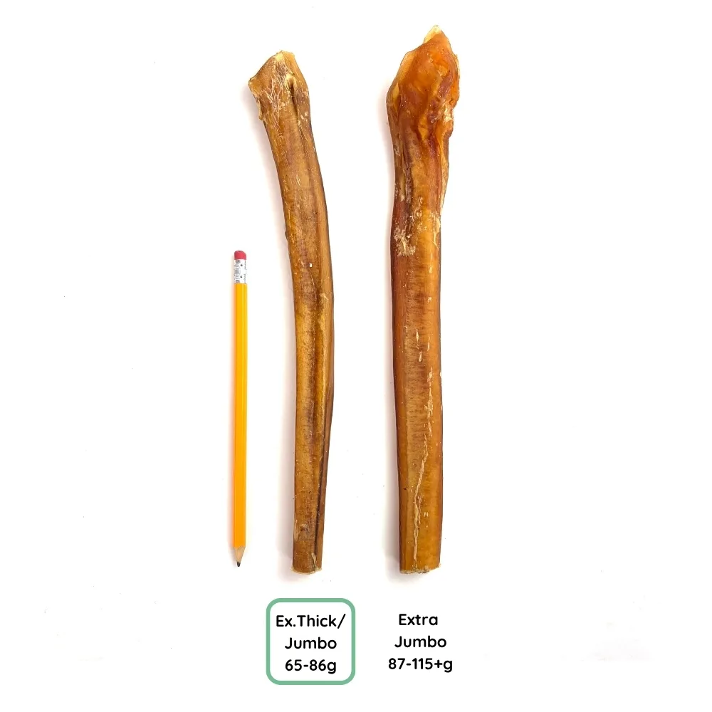 12" Bully Sticks | Extra Thick / Jumbo (65-86g) | Medium Odor - May Have Imperfect Appearance 5 12" straight bully sticks, extra thick / jumbo, may have imperfect appearance, medium odor, comparison