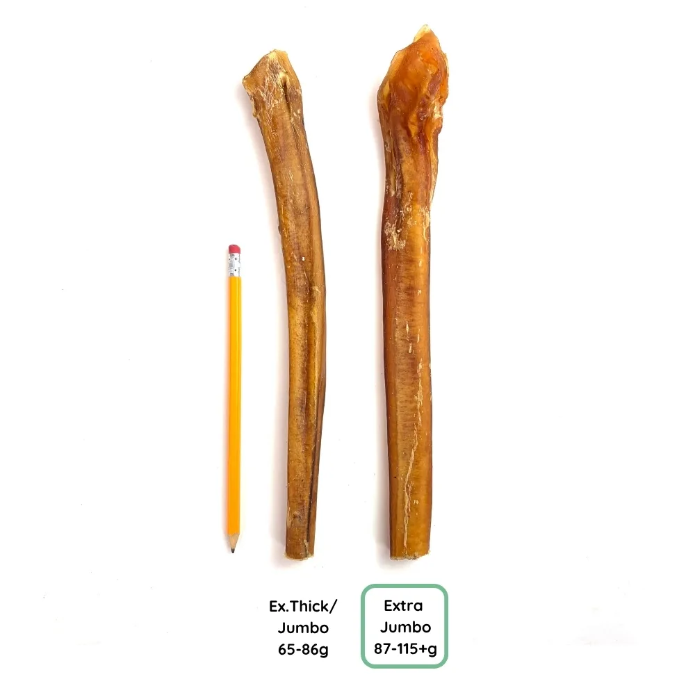 12" Bully Sticks | Extra Jumbo (87-115+g) | Medium Odor - May Have Imperfect Appearance 5 12" straight bully sticks, extra jumbo, may have imperfect appearance, medium odor, comparison